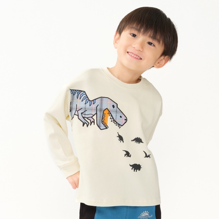 働く車・恐竜アップリケ裏毛トレーナー(アイボリー-110cm)
