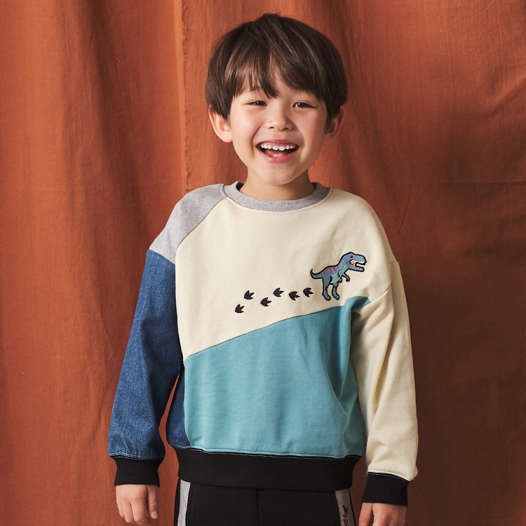 恐竜刺繍切替裏毛トレーナー(アイボリー-110cm)