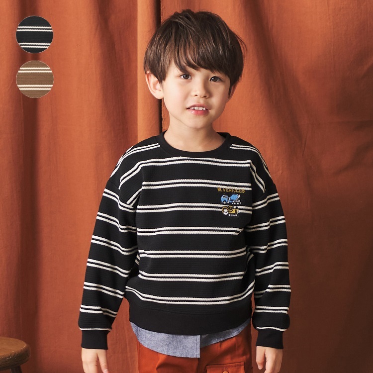 働く車刺繍ボーダーワッフルトレーナー