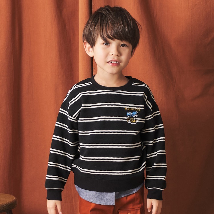 働く車刺繍ボーダーワッフルトレーナー トレーナー｜子供服・ベビー服