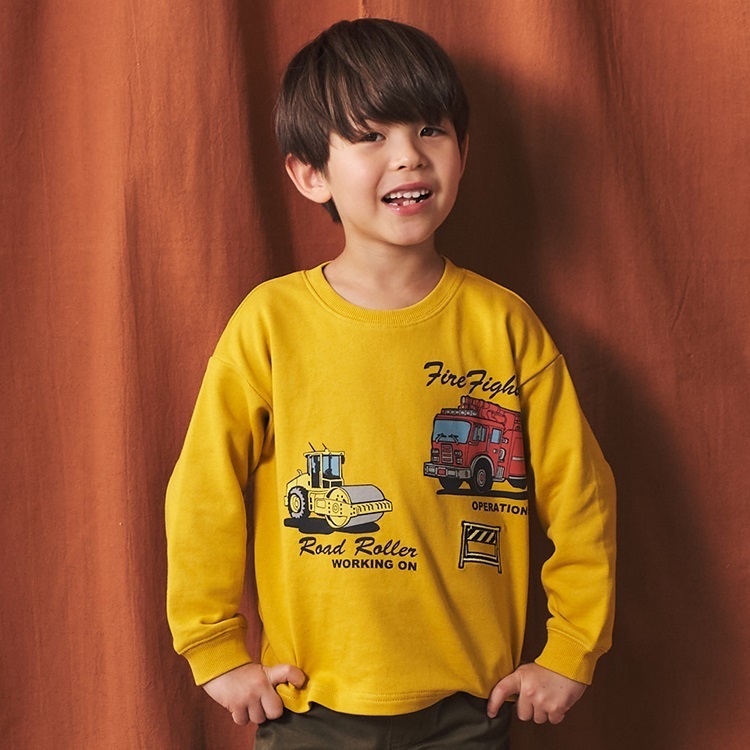 働く車・恐竜裏毛トレーナー(マスタード-110cm)