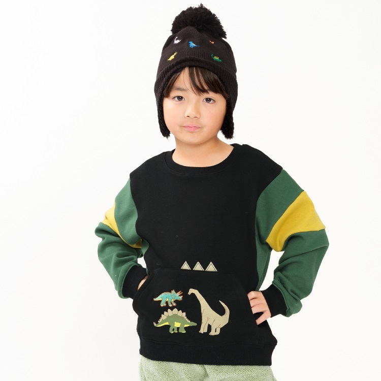 恐竜プリント切替裏起毛トレーナー(ブラック-120cm)