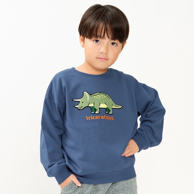*働く車・食べ物・恐竜裏毛トレーナー(ネイビー-110cm)