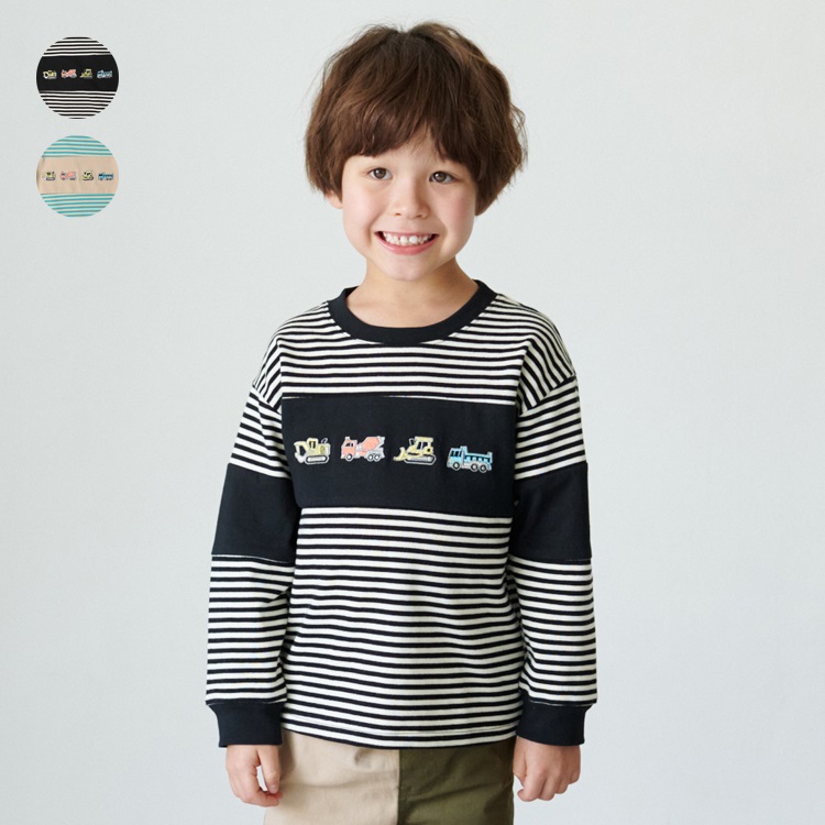 働く車刺繍ボーダー長袖Tシャツ