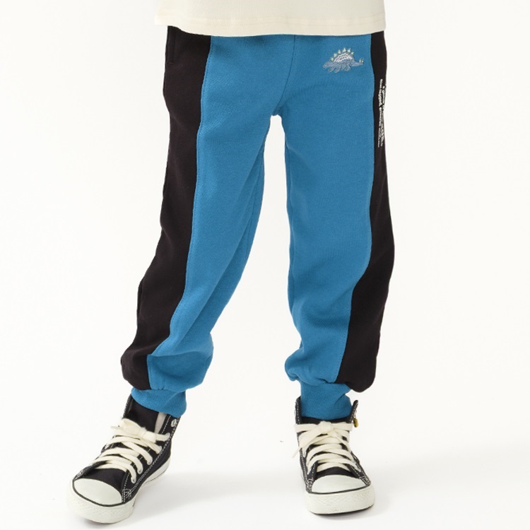 恐竜刺繍切替裾リブ裏毛ロングパンツ(ブルー-80cm)