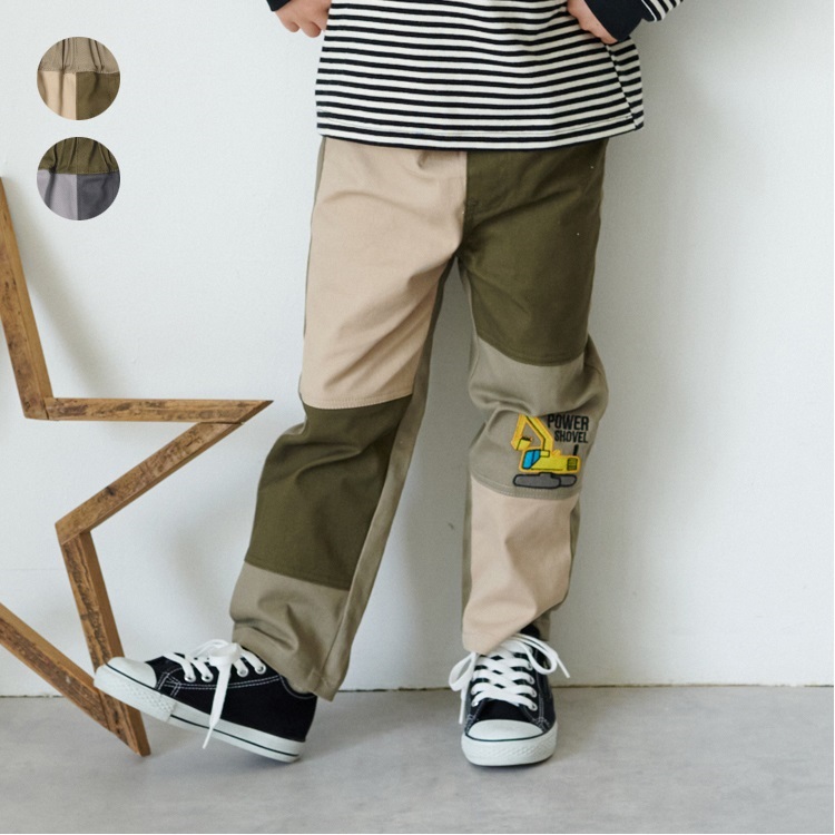 *ショベルカーアップリケツイルロングパンツ