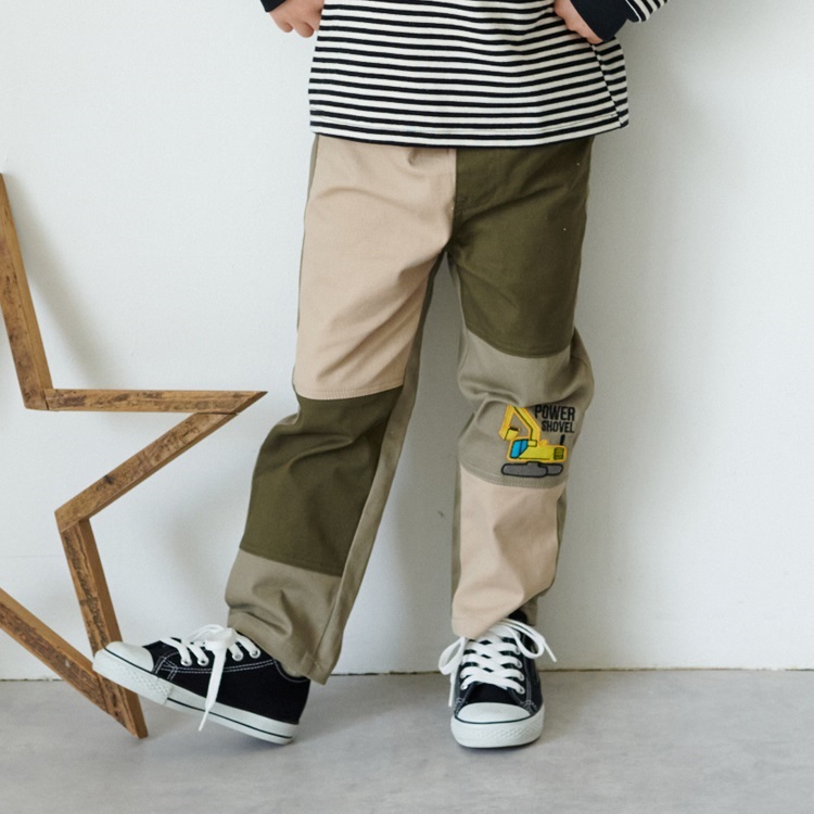 *ショベルカーアップリケツイルロングパンツ(ベージュ-80cm)