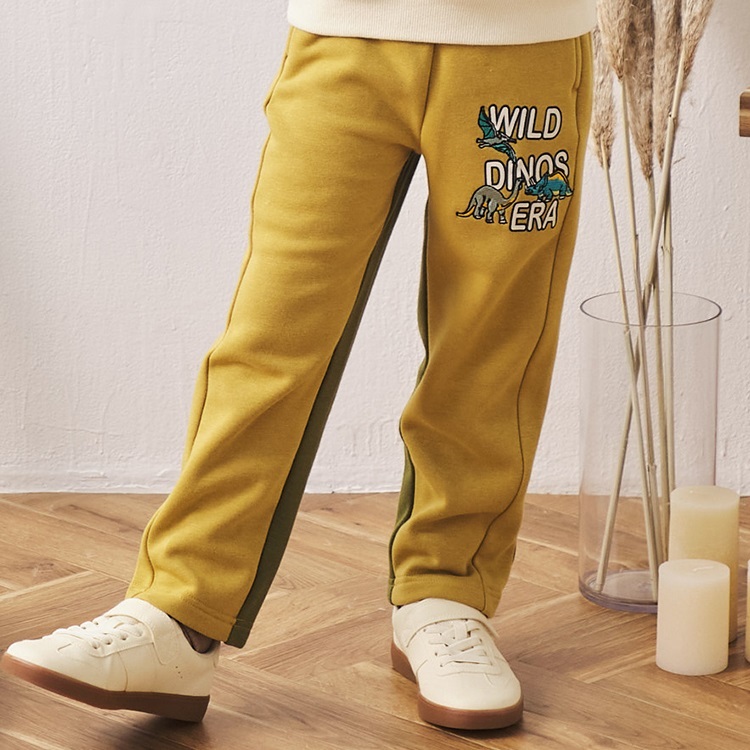 【爆温】恐竜刺繍裏起毛ロングパンツ(マスタード-100cm)