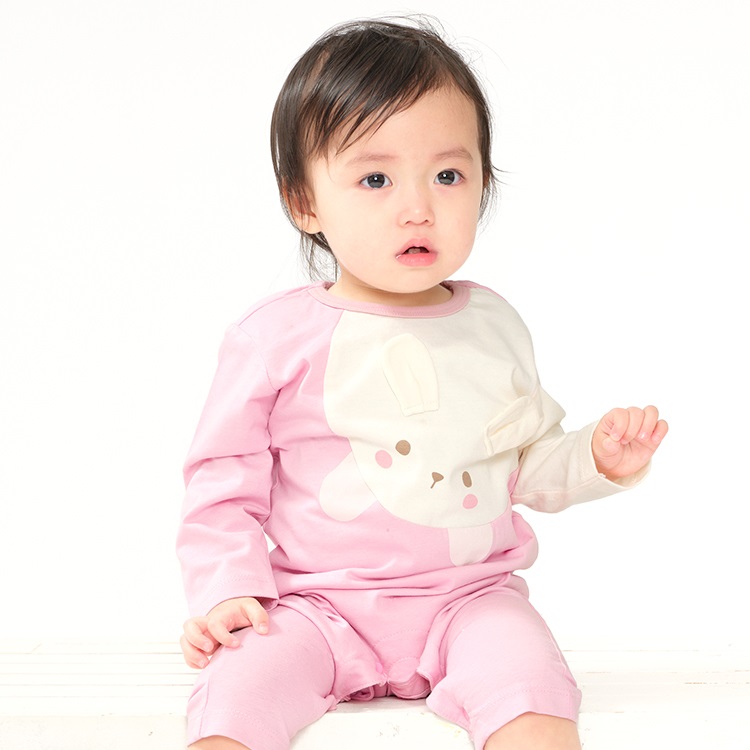 【WEB限定】うさぎ・くま長袖Tシャツロンパース(ピンク-80cm)
