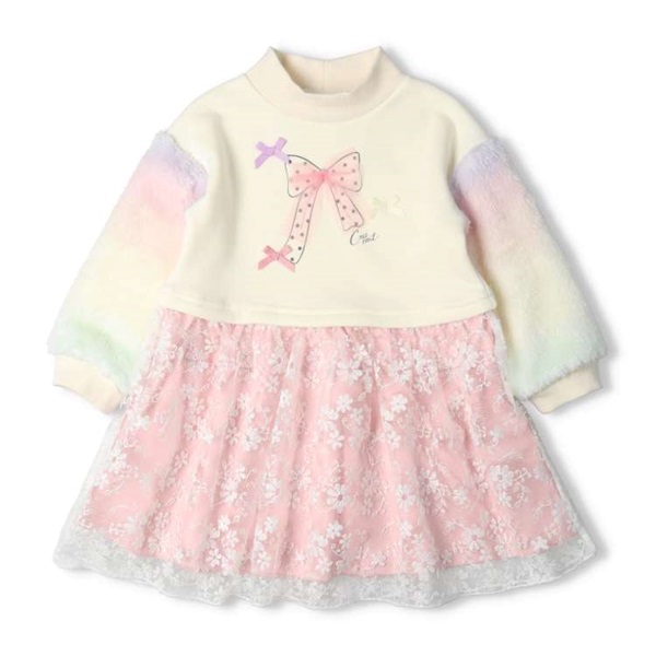 【rirandture】【新品】こじはるちゃん着用 花柄ニットチュール切替ワンピ リボンモチーフ付花柄チュール切替裏起毛ワンピース ワンピース｜子供