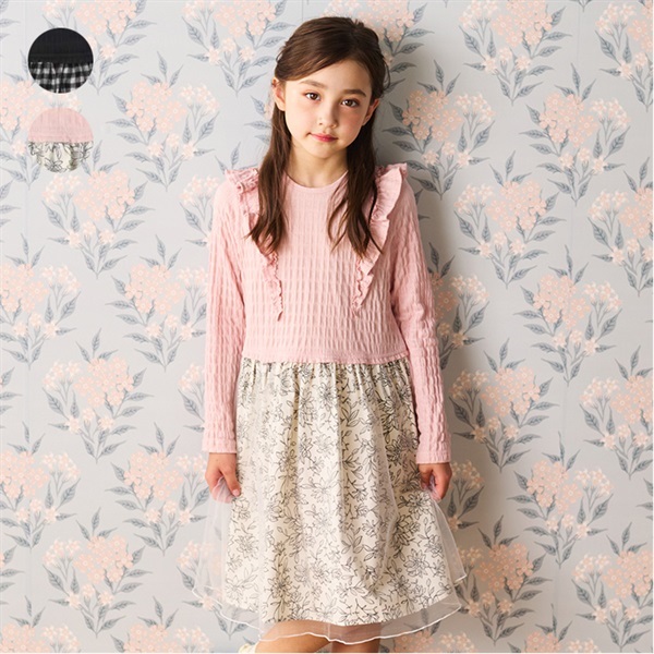 チュールドッキングチェック・花柄切替ワンピース ワンピース｜子供服