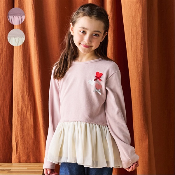 ハート刺繍入りシフォン切替裏毛トレーナー トレーナー｜子供服