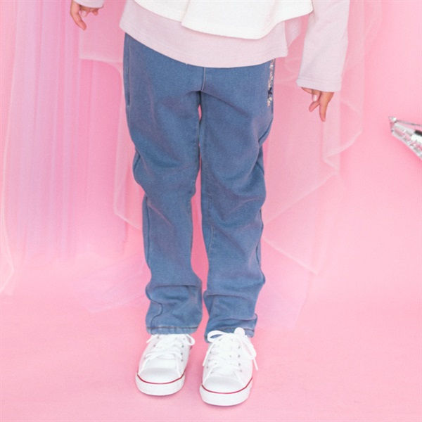 レース・お花刺繍裏ベロアデニムパンツ ロングパンツ｜子供服