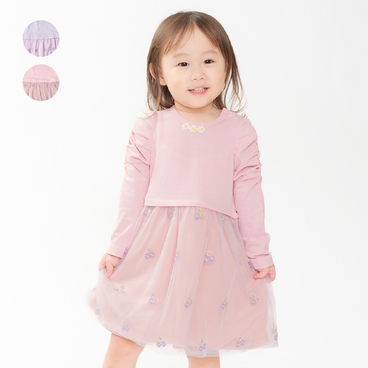 花柄チュールスカート長袖ワンピース