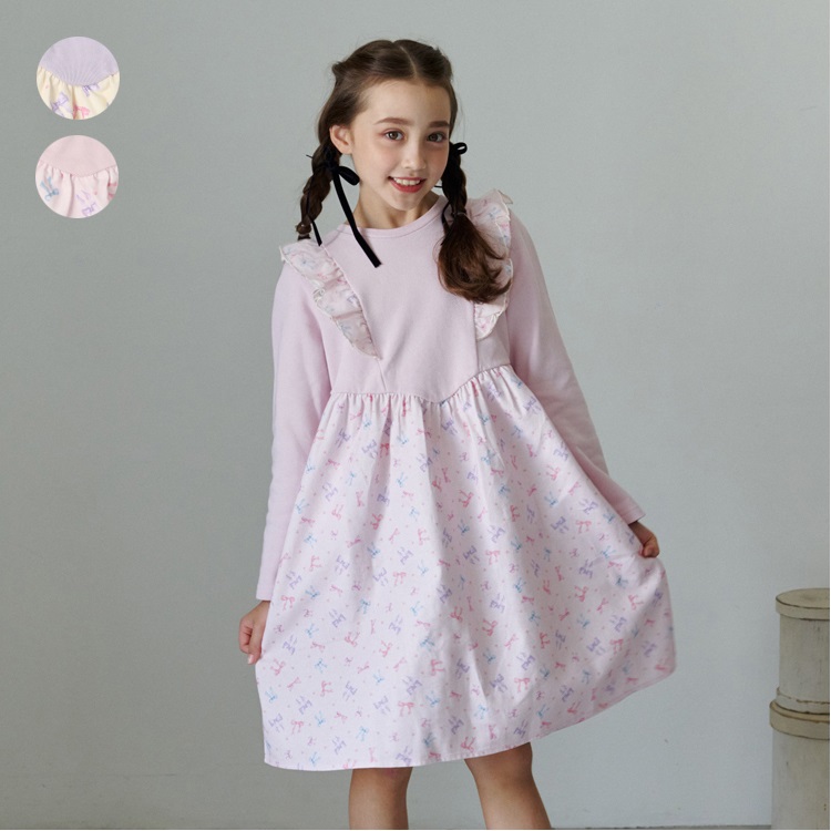 *リボン柄切替長袖ワンピース