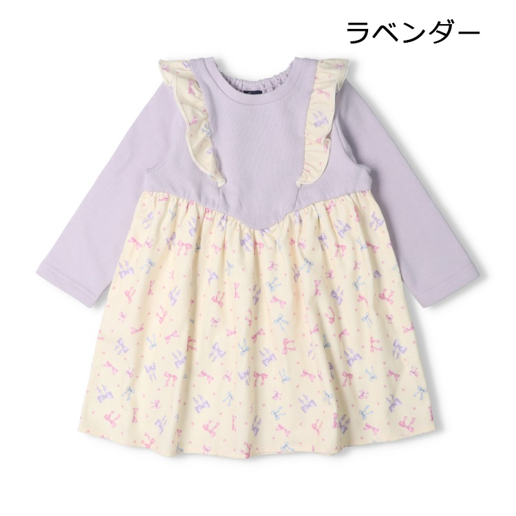 リボン結び キッズウエア パフスリーブ 長袖 ワンピース キッズドレス リボン付きパフスリーブワンピース ピアノ発表会