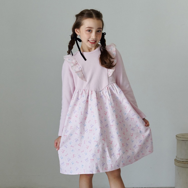 *リボン柄切替長袖ワンピース(ピンク-80cm)