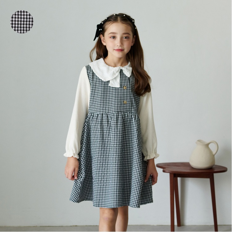 *リボン衿ギンガムチェック柄長袖ワンピース