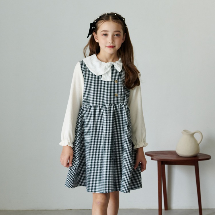 *リボン衿ギンガムチェック柄長袖ワンピース(ブラック-80cm)