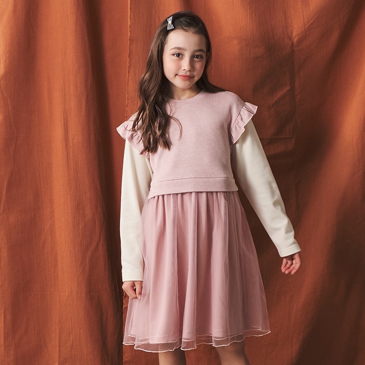 チュールスカートドッキング長袖ワンピース ワンピース｜子供服