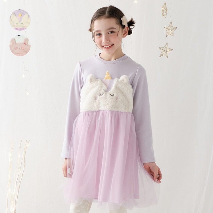 チュールスカートボアドッキング長袖ワンピース