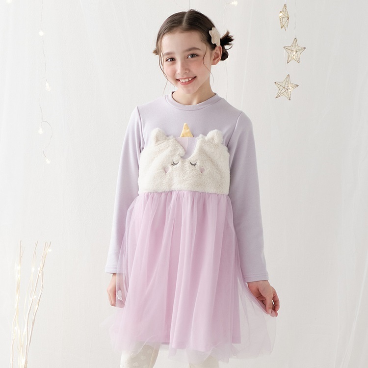 チュールスカートボアドッキング長袖ワンピース(ラベンダー-120cm)