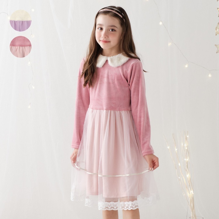 ボア衿ベロアチュールドッキング長袖ワンピース