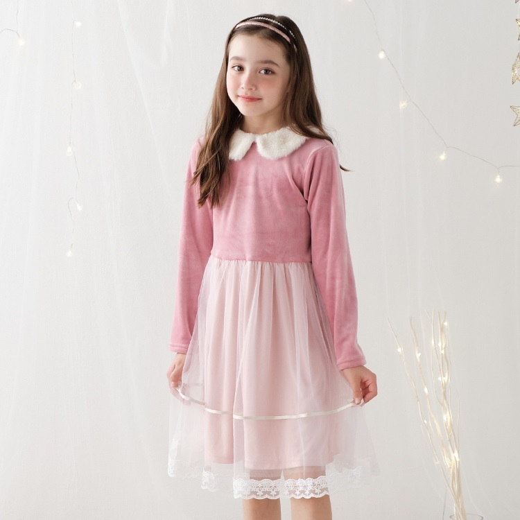 ボア衿ベロアチュールドッキング長袖ワンピース(ピンク-120cm)