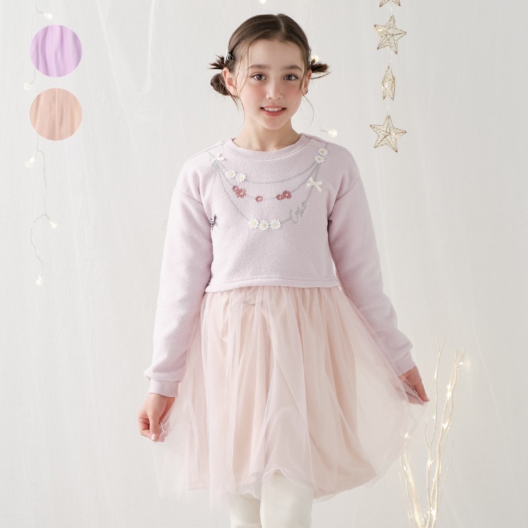 ネックレス風刺繍チュールドッキング裏起毛ワンピース