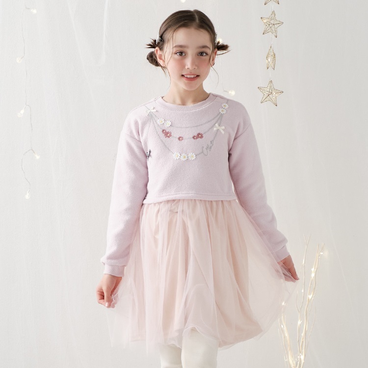 ネックレス風刺繍チュールドッキング裏起毛ワンピース(ピンク-110cm)