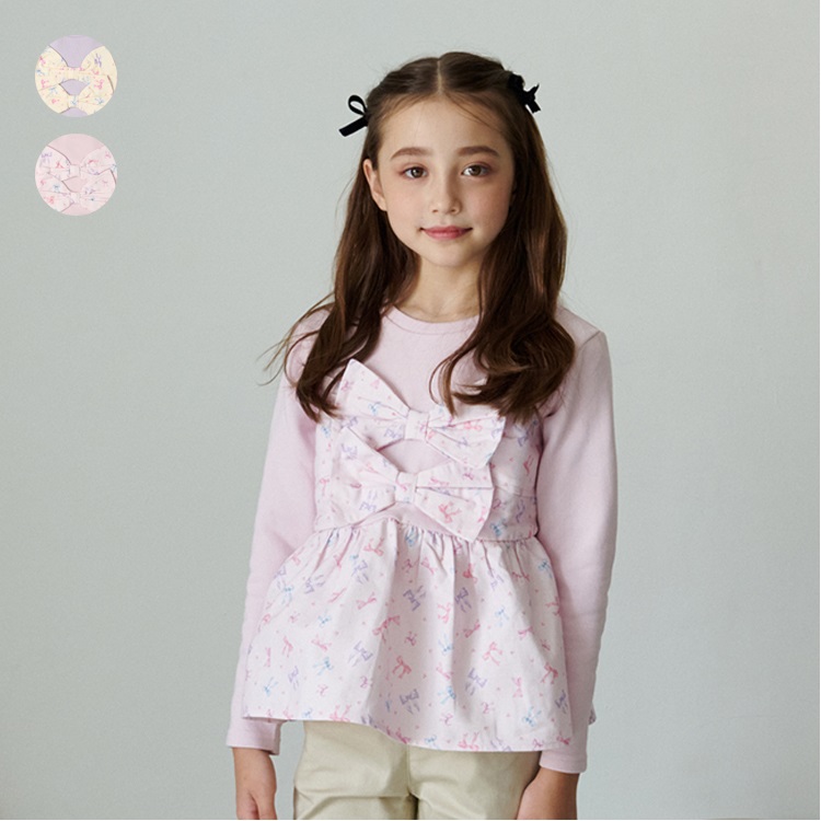 *リボン柄キャミ重ね着風裏毛トレーナー