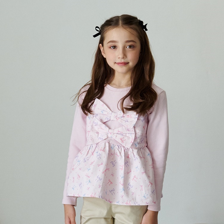 *リボン柄キャミ重ね着風裏毛トレーナー(ピンク-80cm)