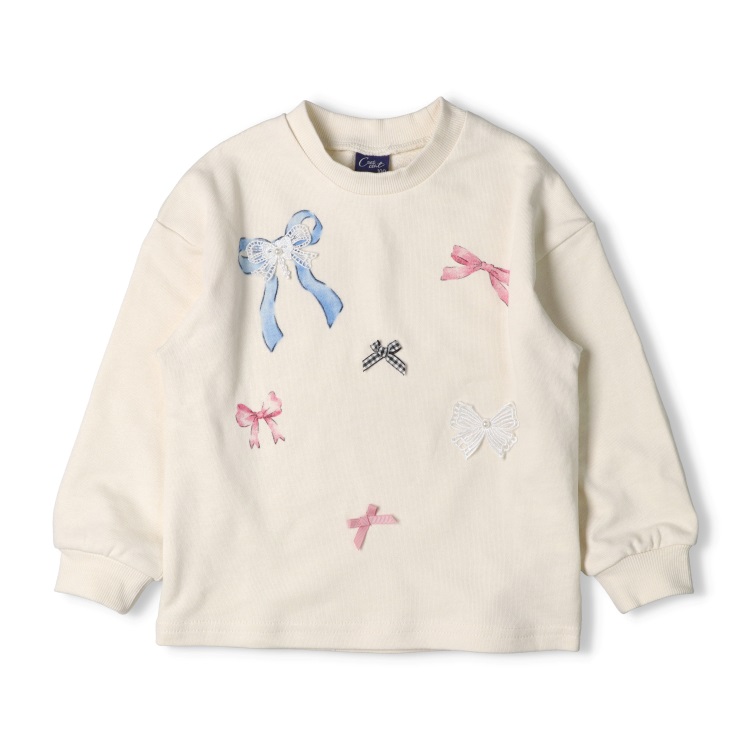 リボンデザイン裏毛トレーナー(オフホワイト-110cm)