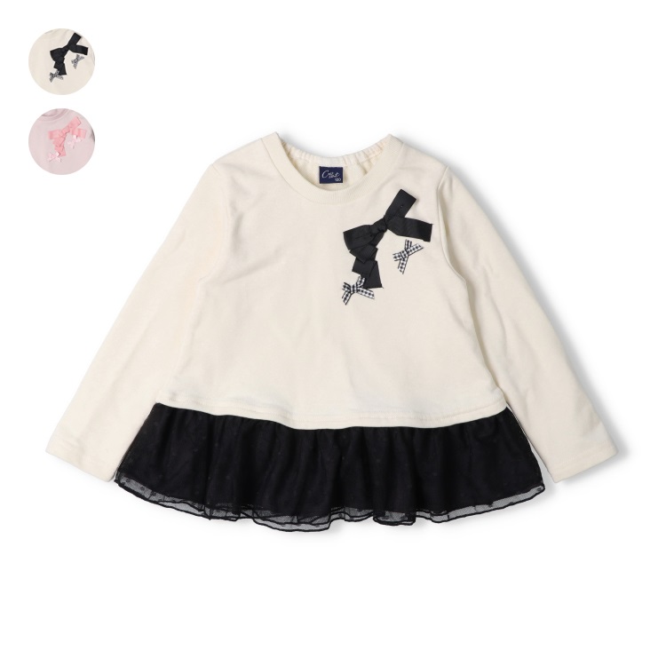 リボン付き裾チュール裏毛トレーナー