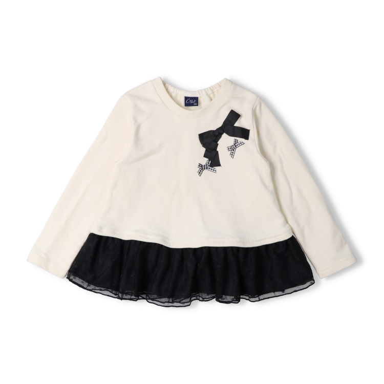 リボン付き裾チュール裏毛トレーナー(オフホワイト-100cm)