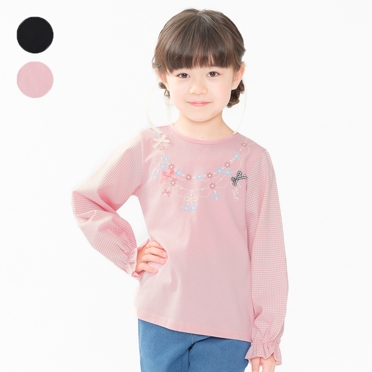 ネックレス風刺繍袖切替長袖Tシャツ