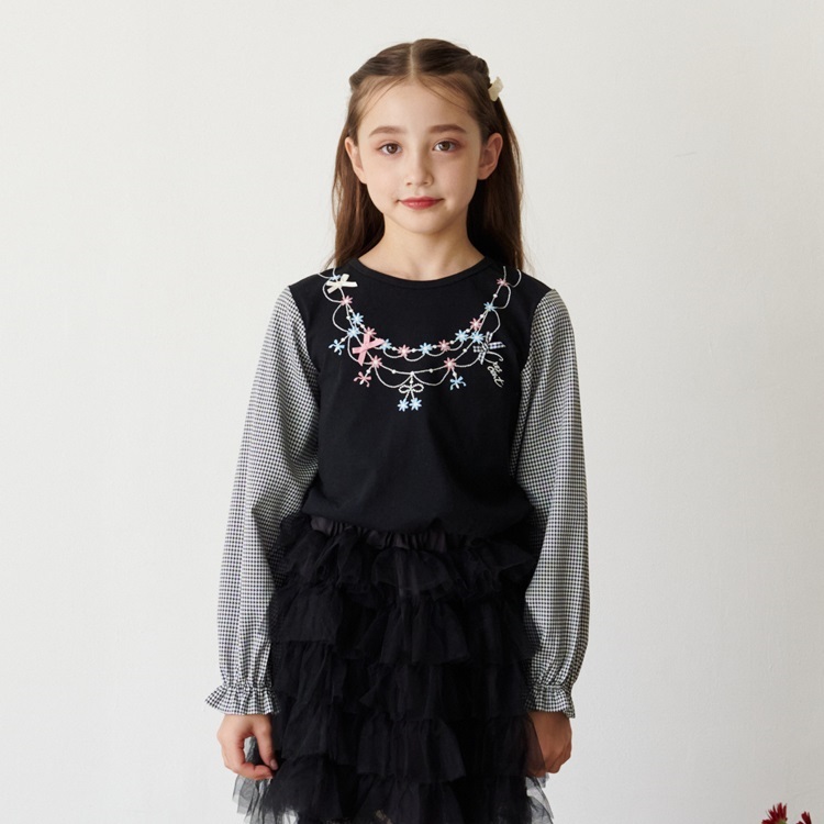 ネックレス風刺繍袖切替長袖Tシャツ(ブラック-130cm)