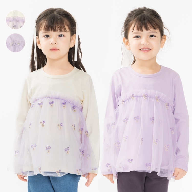 お花刺繍入りチュール切替長袖Tシャツ