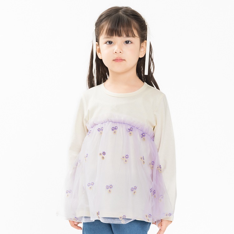 お花刺繍入りチュール切替長袖Tシャツ(オフホワイト-80cm)