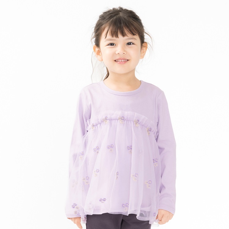 お花刺繍入りチュール切替長袖Tシャツ(ラベンダー-80cm)