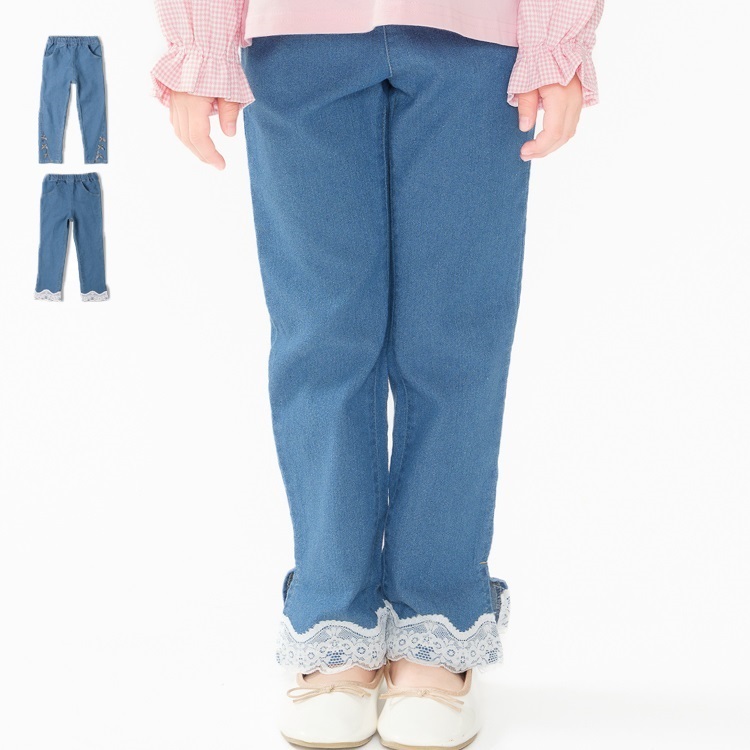 裾リボン・レースデニムロングパンツ
