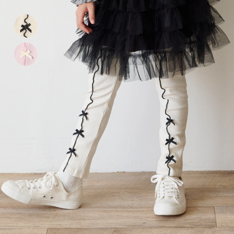 リボン付メッシュジャガードロングレギンス