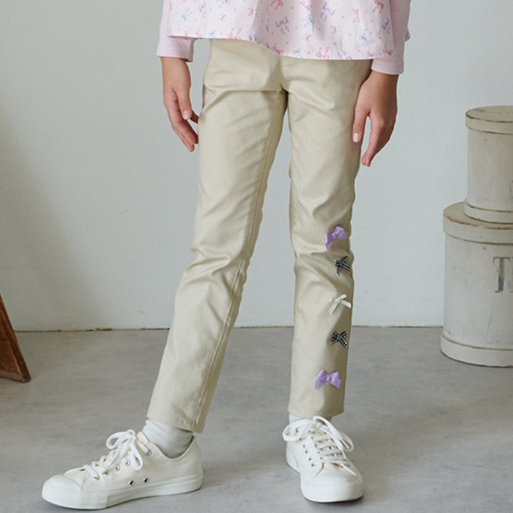 *リボン付きツイルロングパンツ(ベージュ-80cm)