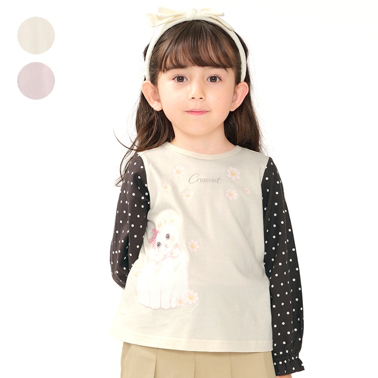 ねこ・うさぎプリントドット袖長袖Tシャツ