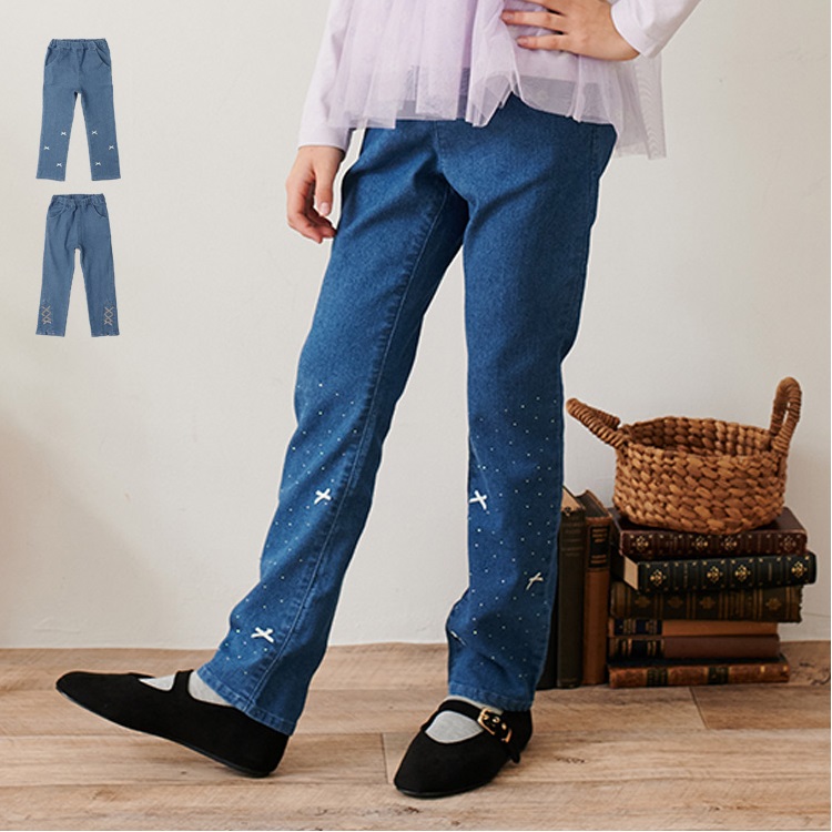 リボンデザインデニムロングパンツ