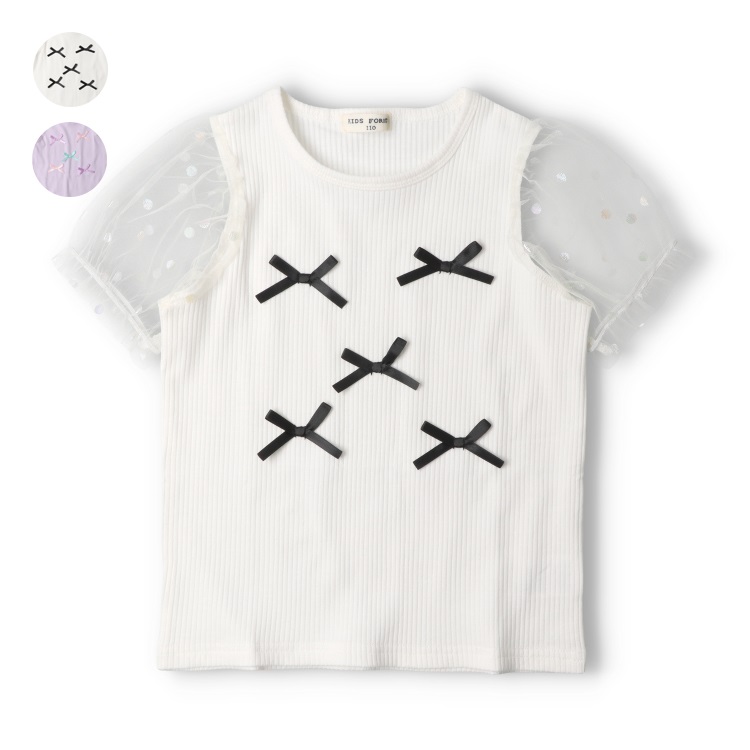 *リボン付袖チュール半袖Tシャツ