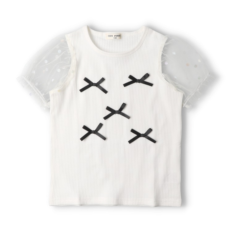 *リボン付袖チュール半袖Tシャツ(オフホワイト-80cm)
