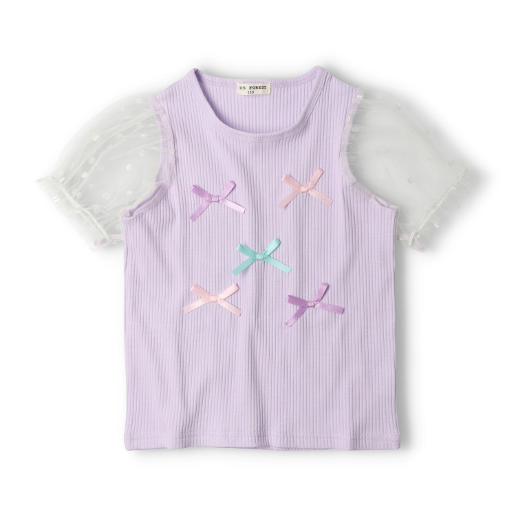 *リボン付袖チュール半袖Tシャツ(ラベンダー-90cm)