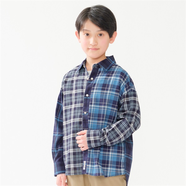 チェック長袖柄シャツ(ネイビー-160cm)