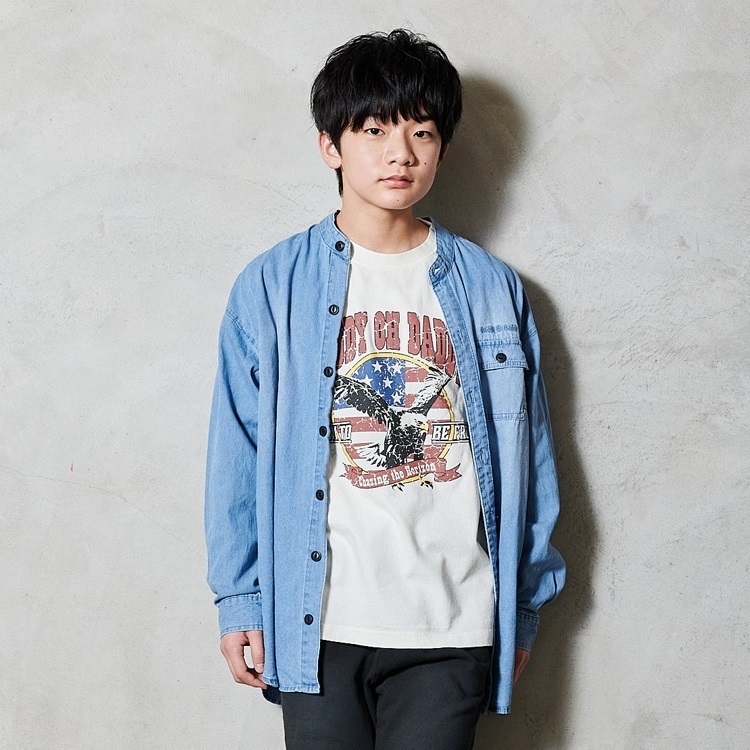 *【WEB限定】バンドカラーデニム長袖シャツ(ブルー-130cm)